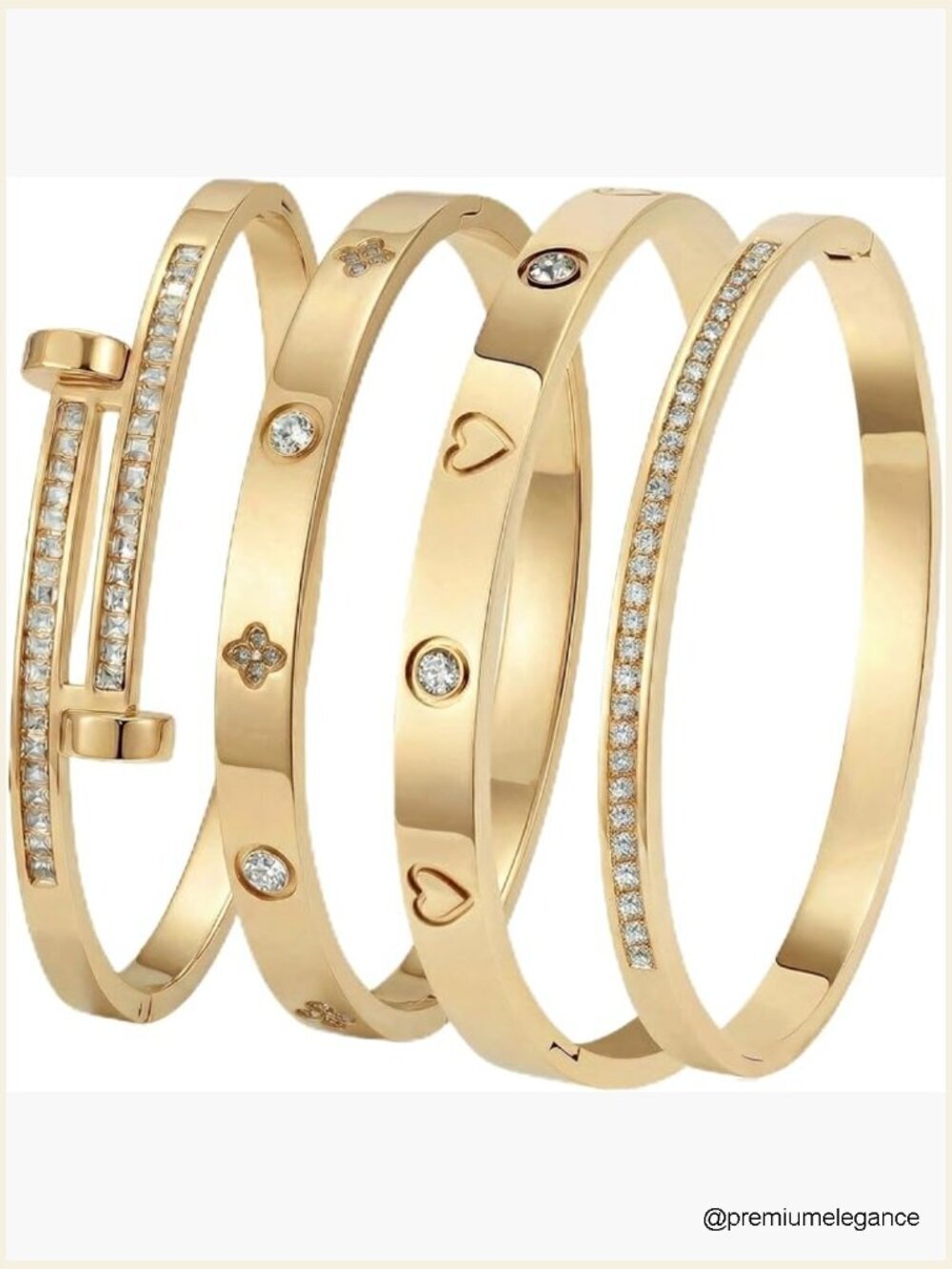 Set of 4 Stackable Bangle Bracelets, 18K Gold Plated Stainless Steel,